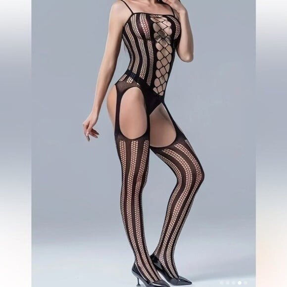 Black Pinstripe Sleeveless Fishnet Bodysuit - Picture 3 of 6